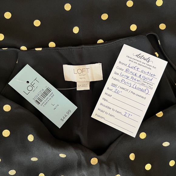 SOLD NWT Loft Outlet Black & Gold Polka Dot Blouse / Tank Top Shirt Large Petite - Picture 6 of 7